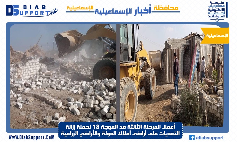 أعمال المرحلة الثالثة من الموجة ١٨ لحملة إزالة التعديات على أراضى أملاك الدولة والأراضي الزراعية